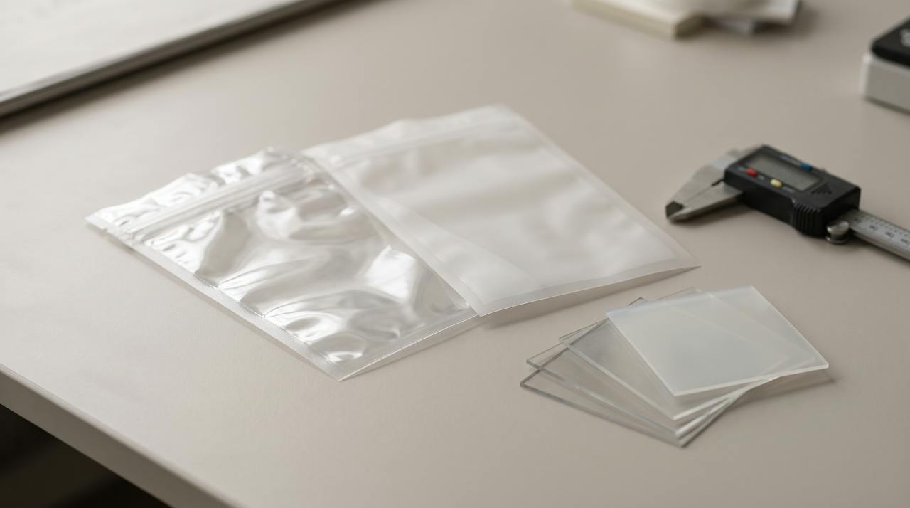 A clear welded PVC pouch and a clear TPU pouch side by side on a light work surface, with a thickness gauge and film swatches of differing clarity beside them.