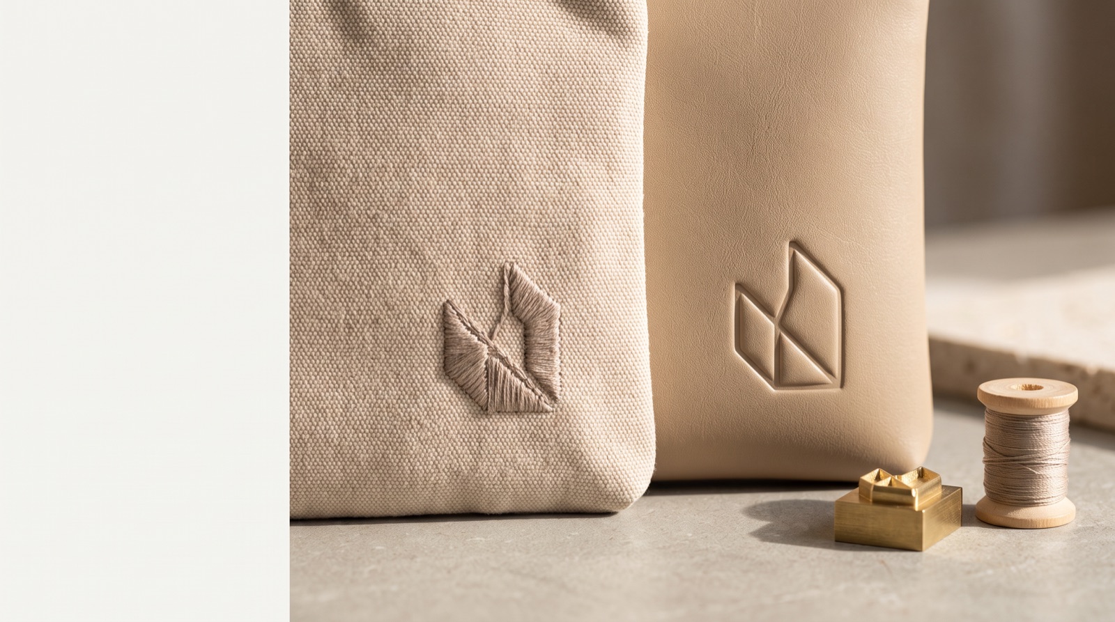 Embroidered and debossed logo details on soft goods