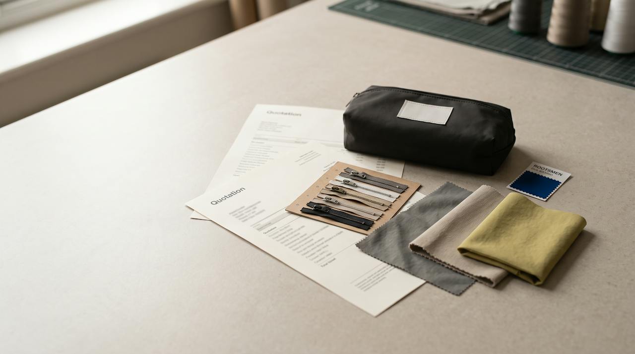 Two printed quotations side by side on a work table with a cosmetic pouch, zip samples and fabric swatches laid across them.