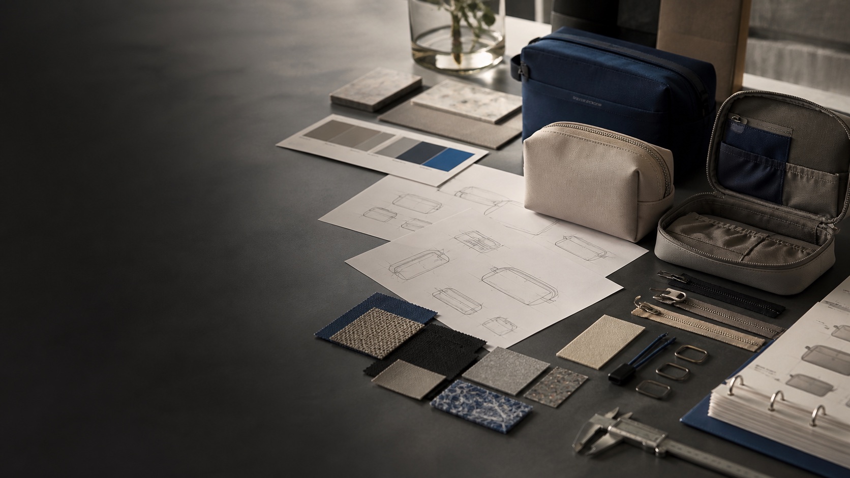 Product development desk with prototypes, technical sketches, materials and hardware