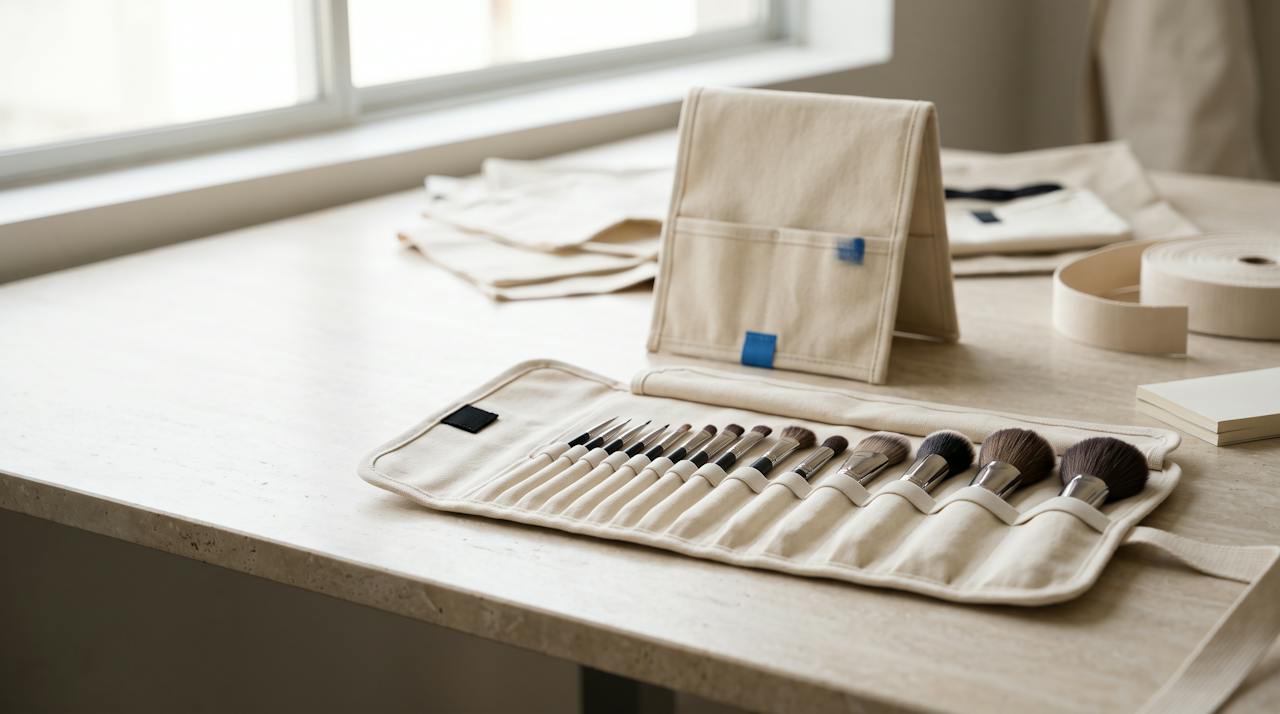 An open brush roll on a work table with makeup brushes seated in graduated elastic loops, a stand-up brush holder standing behind it.