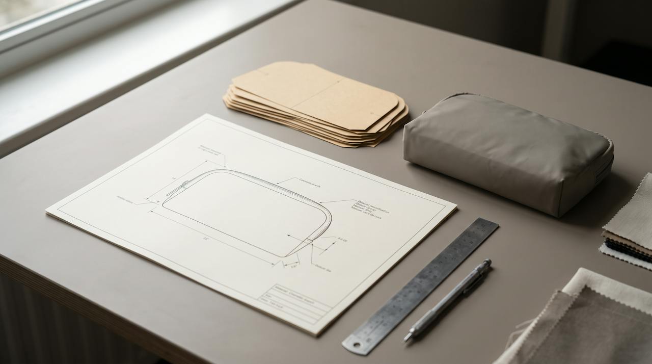 A development desk with a buyer's tech pack drawing beside a factory pattern set and a finished cosmetic pouch, showing the same product at three stages of ownership.