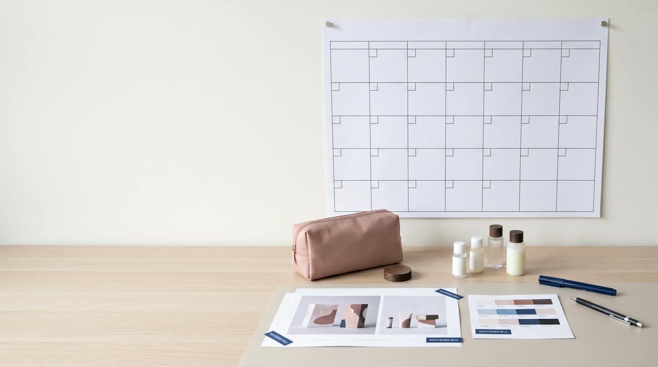 A wall planner covered in dated sticky notes beside fabric swatches, a zip pouch sample and printed artwork proofs for a beauty gift-with-purchase programme