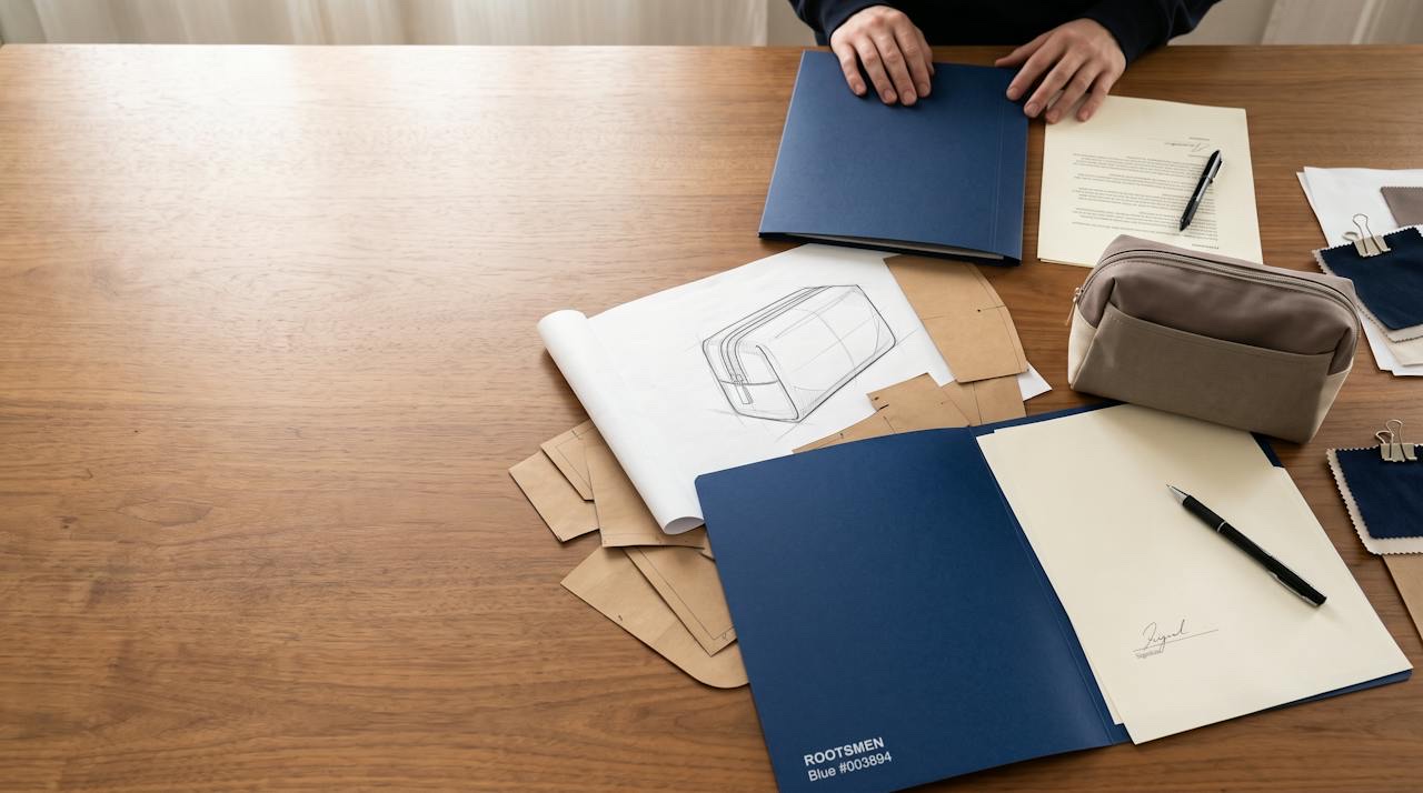 Paneles de papel del patrón de un neceser extendidos sobre la mesa de corte, junto a la ficha técnica y una etiqueta de muestra aprobada