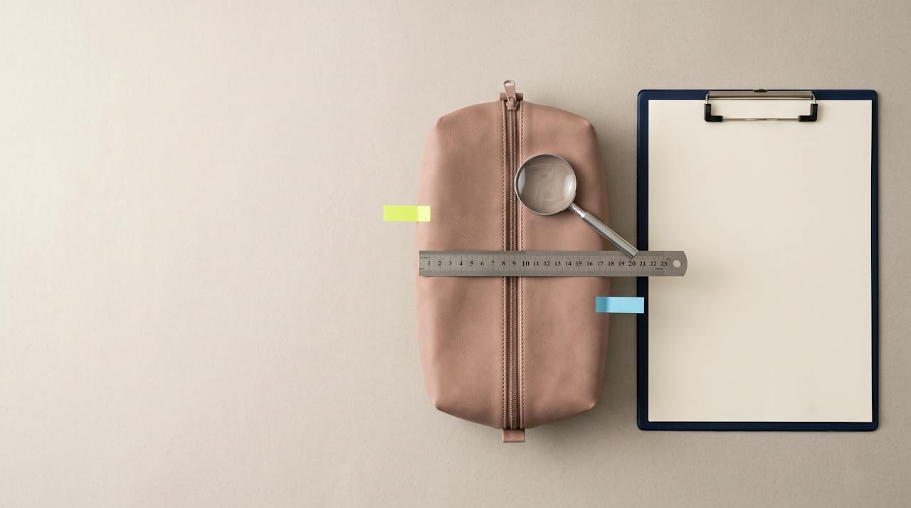 A development sample cosmetic pouch laid flat on a review table beside a tape measure, a colour swatch card and a printed tech pack marked with comments
